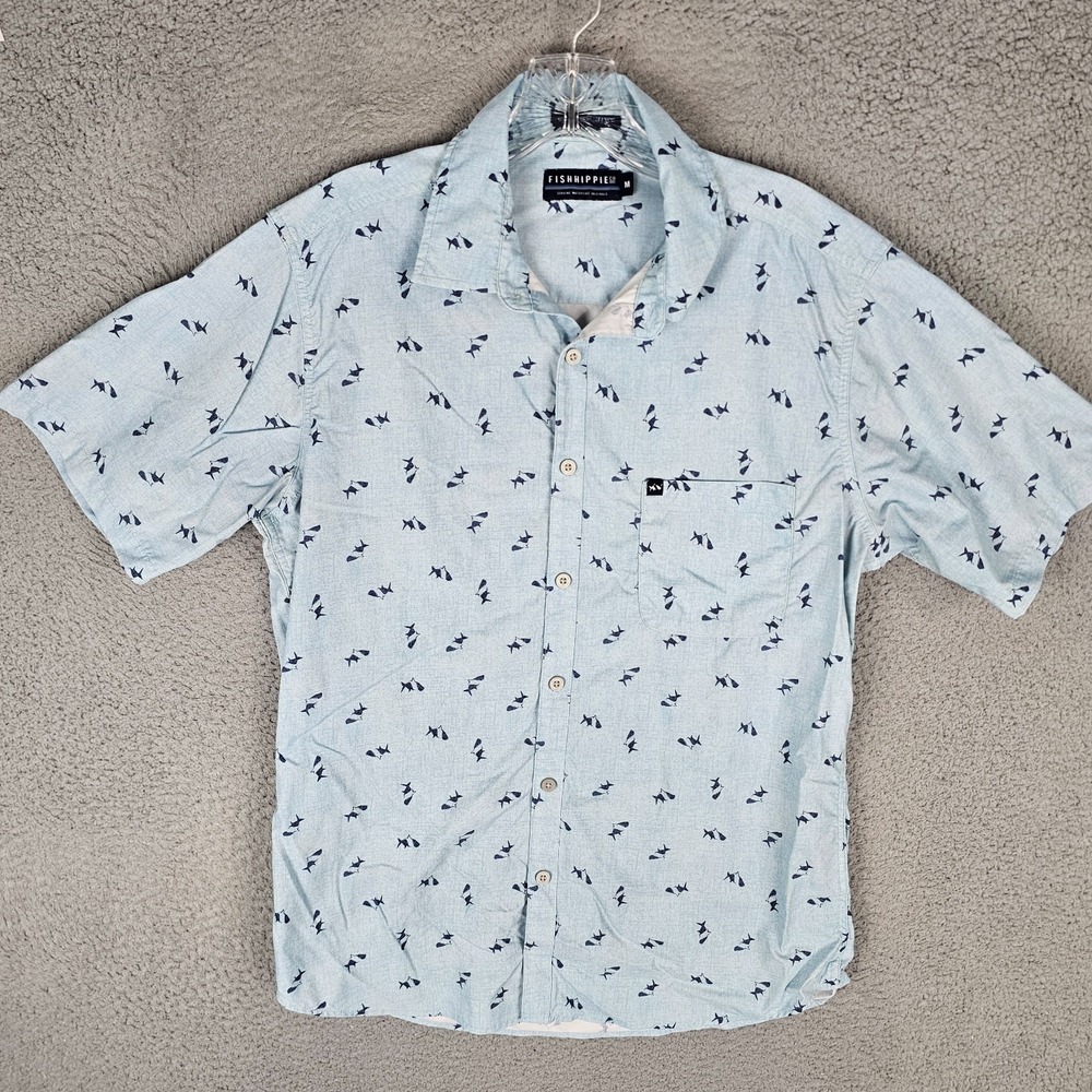 Fish Hippie Co Shirt Mens M Fish Print Stretch Short Sleeve Collared Button Up